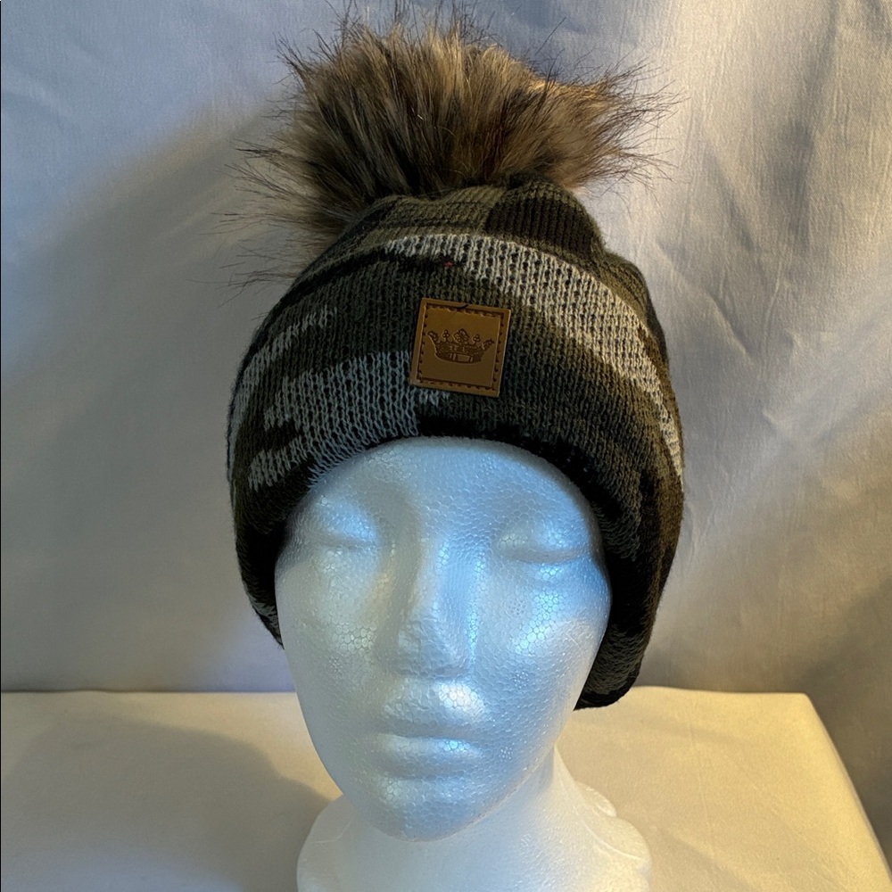 Panache Gray Camouflage tight knit pom pom beanie hat cap OS winter cozy warm